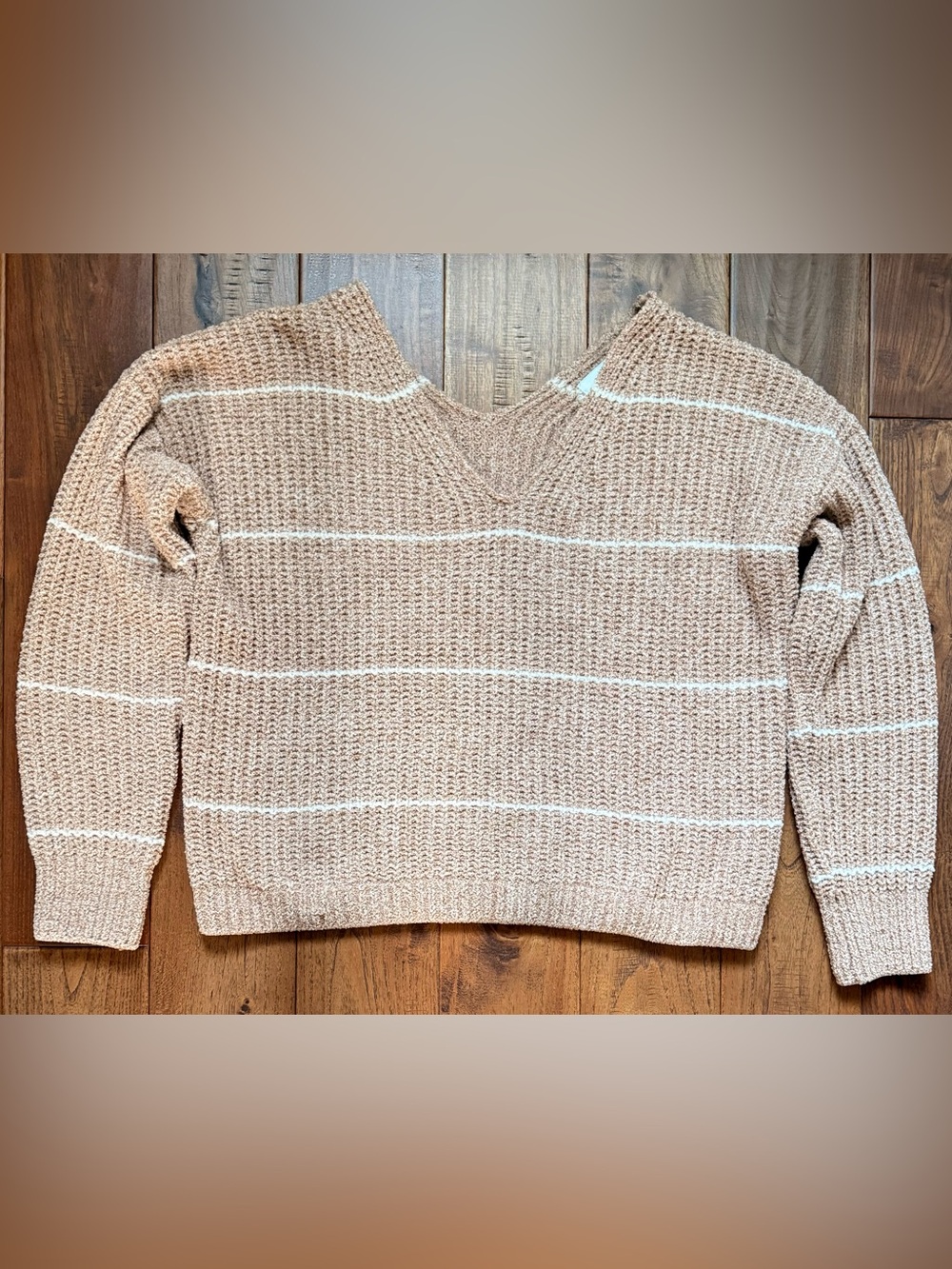 Pink Rose Beige and White Striped V-Neck Sweater